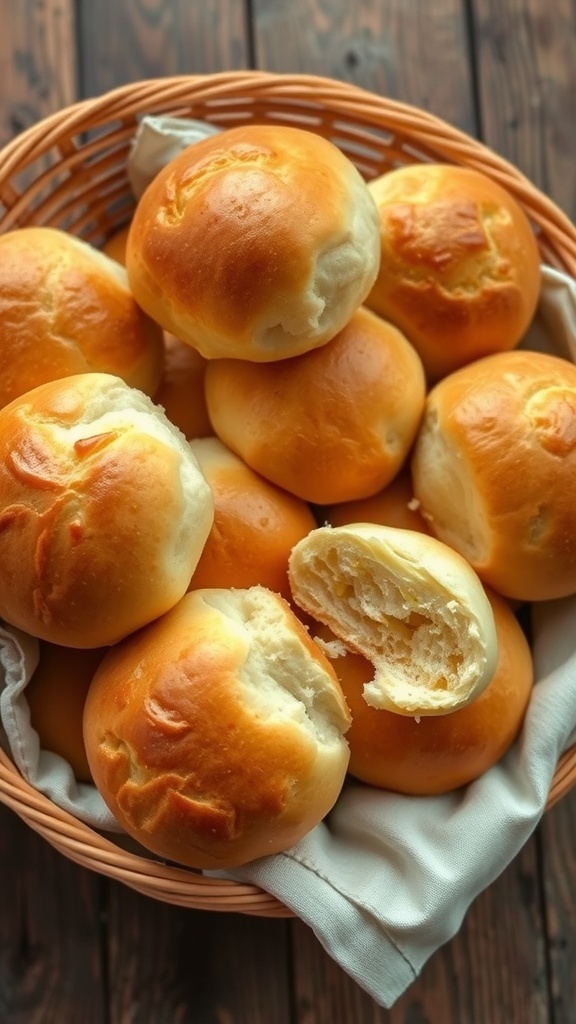 Soft Homemade Bread Rolls Recipe A basket of soft, golden brown homemade bread rolls on a rustic table.